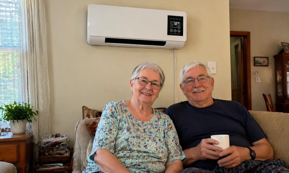 Senior couple in their living room with the Chillo mounted on the wall