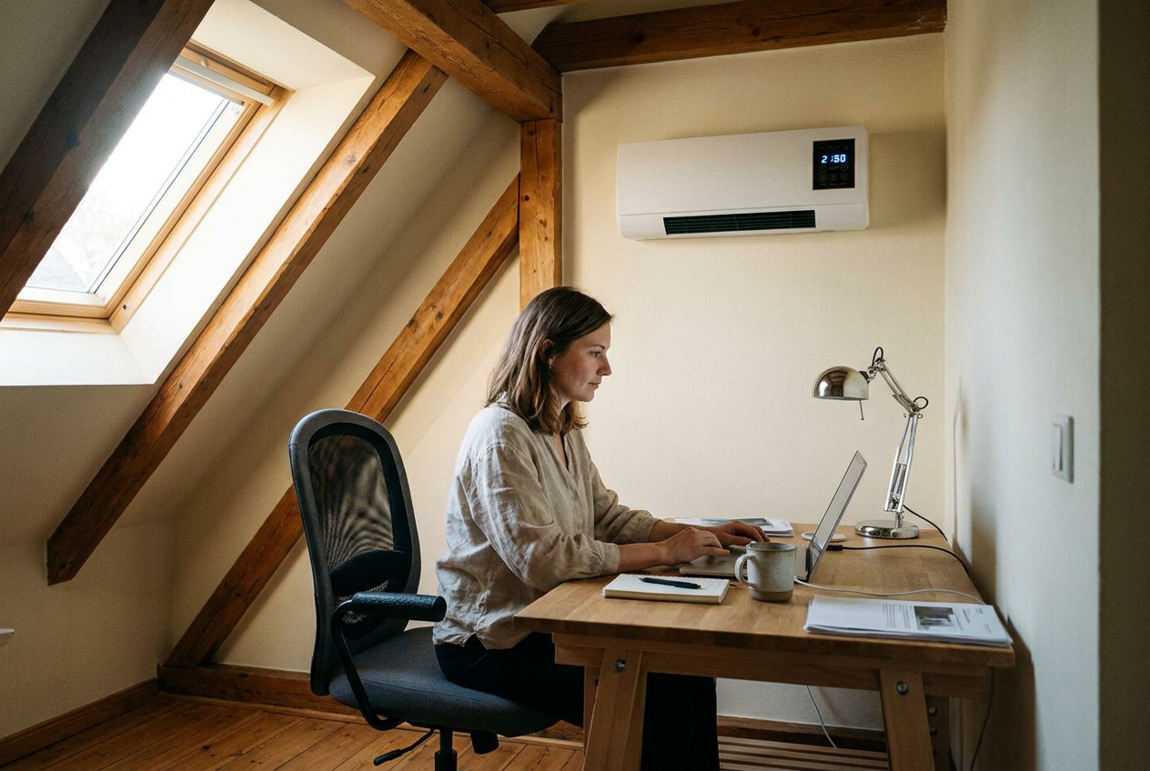 Chillo in Emma’s attic home office — working at 75 °F while it’s 91 °F outside